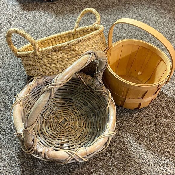 Set 3 Wooden Bamboo Basket With
 Handle - Picture 1 of 16